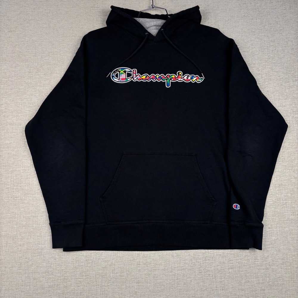 Champion Mens International Flags Logo Hoodie Black Pullover Sweatshirt XL